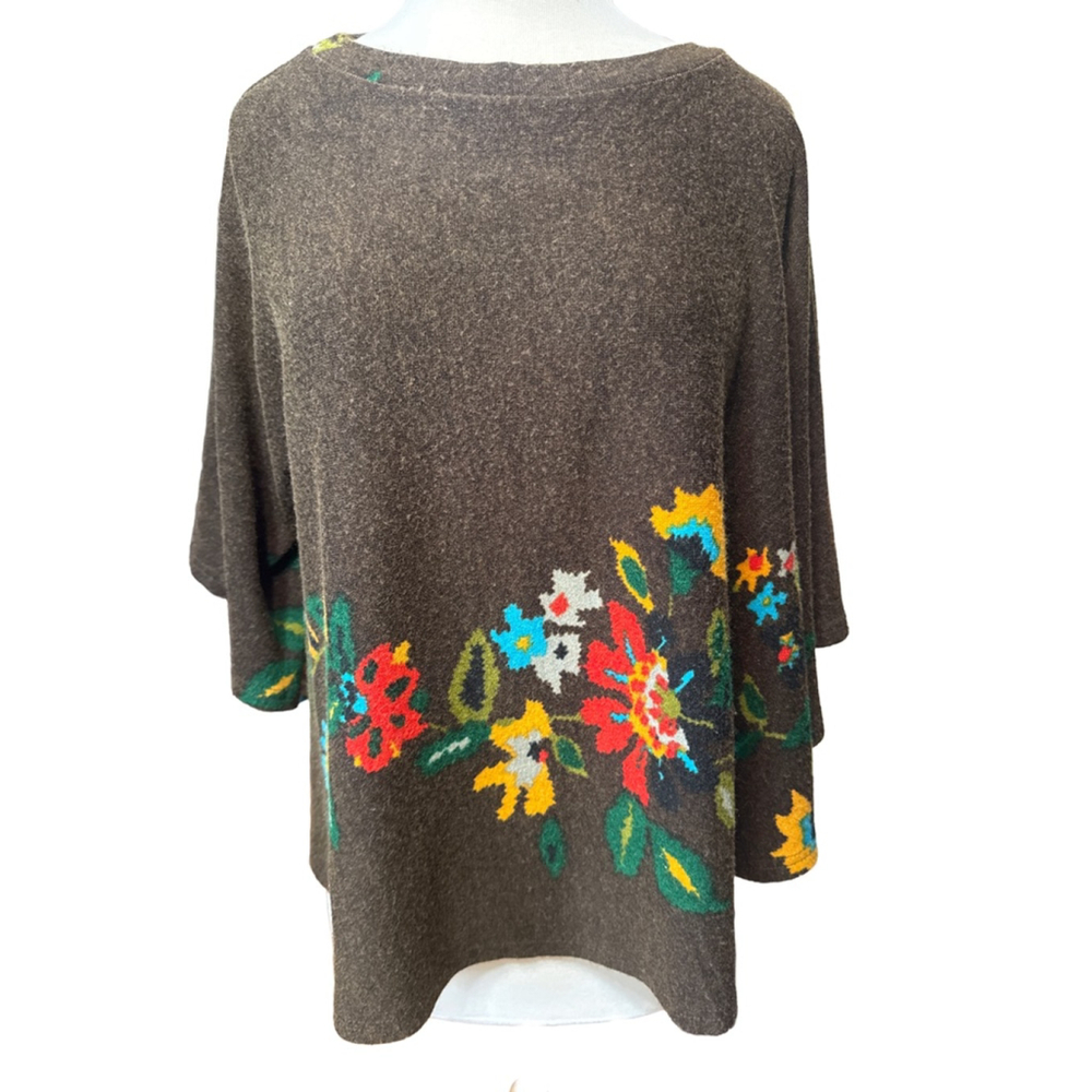 Women's OB2-12 Brown Multicolor Floral Knit Poncho Sweater M